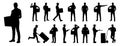 Set of silhouettes of warehouse workers with the package. Delivery guy is holding a cardboard box in different poses