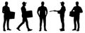 Set of silhouettes of warehouse workers with the package. Delivery guy is holding a cardboard box in different poses