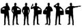 Set of silhouettes of warehouse workers with the package. Delivery guy is holding a cardboard box in different poses