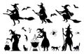 Set silhouettes of witches in black ragged dress vector flat illustration. Halloween scary bat, cat