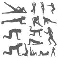 Set of silhouettes of a women engaged sports, fitness, yoga and pilates. Performing physical exercises by a girl and outdoor