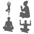 Set of silhouettes of a women engaged yoga in different poses. Performing relaxation classes and meditation by a girl. Outdoor