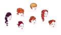 Set of 7 silhouettes of women`s festive elegant hairstyles. Sign. Raster illustration