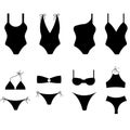 Set of silhouettes of women\'s swimsuits. Swimsuit or bikini. Top and bottom.