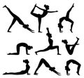 Set of silhouettes of yoga postures. Woman doing pilates exercises. Healthy lifestyle. Workout, vector illustration Royalty Free Stock Photo