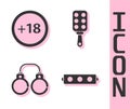 Set Silicone ball gag with belt, Plus 18 movie, Sexy fluffy handcuffs and Spanking paddle icon. Vector Royalty Free Stock Photo