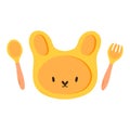 Set of silicone dishes for children vector. Baby tableware set, kids dish in flat style.