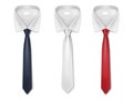 Set of silk neckties. Classic long red, white and black ties. Realistic cravats on shirt collar Royalty Free Stock Photo