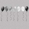 Set of silver, black, white with confetti helium balloons isolated in the air. Balloons Flying for Party and Celebrations on trans