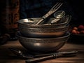 Set of silver bowls and forks on a wooden table Royalty Free Stock Photo