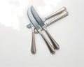 A set of silver butter knives displayed on a polished table surface Royalty Free Stock Photo