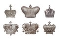 Set of silver crowns isolated on white background Royalty Free Stock Photo