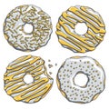 Set of silver donuts with a gold cream. Isolated vector objects.