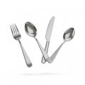 A set of silver flatware elegantly falling on a white background Royalty Free Stock Photo