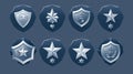 A set of silver game rank stars isolated on a blue background. Modern cartoon illustration of sparkling gray icons