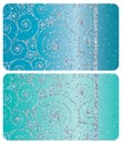 Set of silver glitter discount or business or gift cards templates. Swirl pattern on a blue-green background.