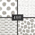 Set of silver glitter seamless pattern stripes, polka dots, mosaic spots