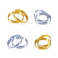 Set of silver and golden wedding rings. Realistic render of platinum and gold rings. Vector illustration isolated on white Royalty Free Stock Photo