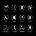 Set of silver metal zodiac signs and symbols with names on black background. Horoscope, astrology icons. Twelve constellations iso