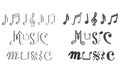 set of silver music notes and typography spelling the word music using a combination of musical notes, symbols, and rest signs. 3d Royalty Free Stock Photo