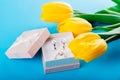 Set of silver ring and earrings with pearls in the gift box with yellow tulips. Present for a Mother`s Day