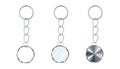 A set of silver or steel keychains in the shape of a circle. Metal key holders isolated on white. Realistic vector.