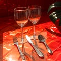 A set of silverware and wine glasses are arranged on a red table Royalty Free Stock Photo