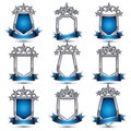 Set of silvery heraldic 3d glossy icons with curvy ribbons, best