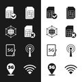 Set Sim card rejected, Social network, Graphic tablet with 5G, Antenna, Wi-Fi wireless and Location icon. Vector Royalty Free Stock Photo