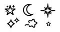 Set of simple black outline stars and crescent moon vector icons for decorative and celestial design elements Royalty Free Stock Photo