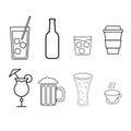 A set of simple black and white icons of alcoholic beverages for the bar, cafe: cocktails, glasses, beer, bottles, whiskey, coffee