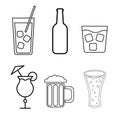 A set of simple black and white icons of alcoholic beverages for a bar, cafe: cocktails, glasses, beer, bottles, whiskey on a