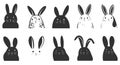 Set of simple black and white rabbit illustrations with various ear styles Royalty Free Stock Photo