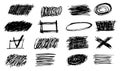 Set of simple bold hatching doodle lines, curves, frames. Pencil sketch isolated on white. Vector marker line blots set. Hand draw