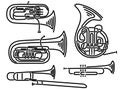 Set of vector brass wind musical instruments drawn by lines. Royalty Free Stock Photo