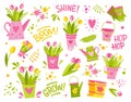 A set of simple bright spring and gardening illustrations and lettering words.