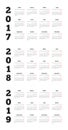 Set of simple calendars in spanish on 2017, 2018, 2019 Royalty Free Stock Photo