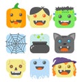 Set of simple cartoon square flat art icons on a theme of Halloween Royalty Free Stock Photo