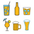 Set of simple color icons of alcoholic drinks for bar, cafe: cocktails, glasses, beer, bottles, whiskey on a white background Royalty Free Stock Photo