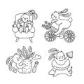 A set of simple coloring pages for children with a Cute rabbits reading book, riding bicycle, harvesting carrot and Royalty Free Stock Photo