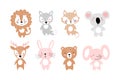 Set of simple cute animals for invitation, party, nursery, baby shower. Bear, fox, wolf, koala, lion, elephant, bunny, deer. Flat Royalty Free Stock Photo