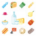 Set of Dairy, Cookies, Doughnut, Seeds, Hot dog, Jam, Pasta, Onion, Jelly, editable icon pack