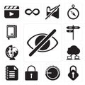Set of Hide, Lock, Volume control, Locked, Notepad, Cloud computing, Worldwide, Street, Notebook, editable icon pack