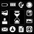 Set of Hourglass, Add, Notepad, User, Send, Photos, Upload, Switch, Megaphone, editable icon pack