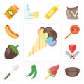Set of Ice cream, Bowl, Peas, Spoon, Butcher, Hazelnut, Jawbreaker, Hot dog, editable icon pack