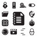 Set of Notepad, Locked, Lines, Video player, Volume control, Stopwatch, Menu, Worldwide, Folder, editable icon pack