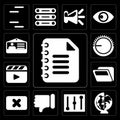 Set of Notepad, Worldwide, Controls, Dislike, Close, Folder, Video player, Volume control, Id card, editable icon pack