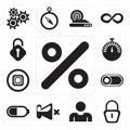 Set of Percent, Locked, User, Mute, Battery, Switch, Stop, Stopwatch, Unlocked, editable icon pack