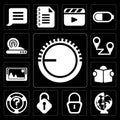 Set of Volume control, Worldwide, Locked, Unlocked, Help, Reading, Picture, Placeholders, Wireless internet, editable icon pack