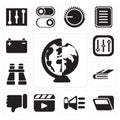 Set of Worldwide, Folder, Speaker, Video player, Dislike, Notebook, Binoculars, Controls, Battery, editable icon pack